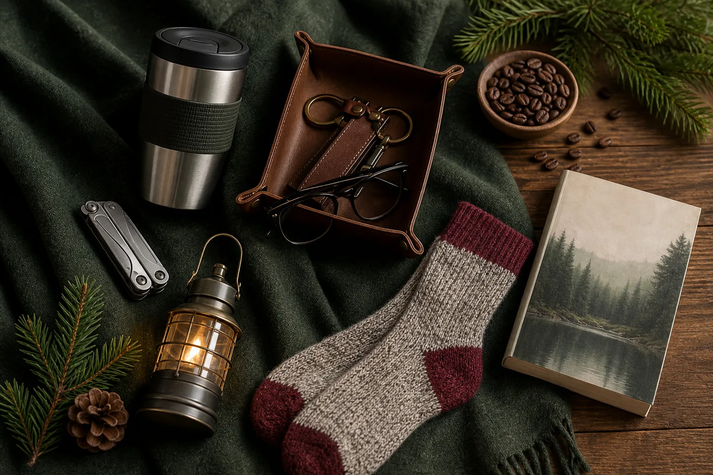 A travel mug, leather tray, multi-tool, warm socks, lantern, and book arranged as gifts for Dad
