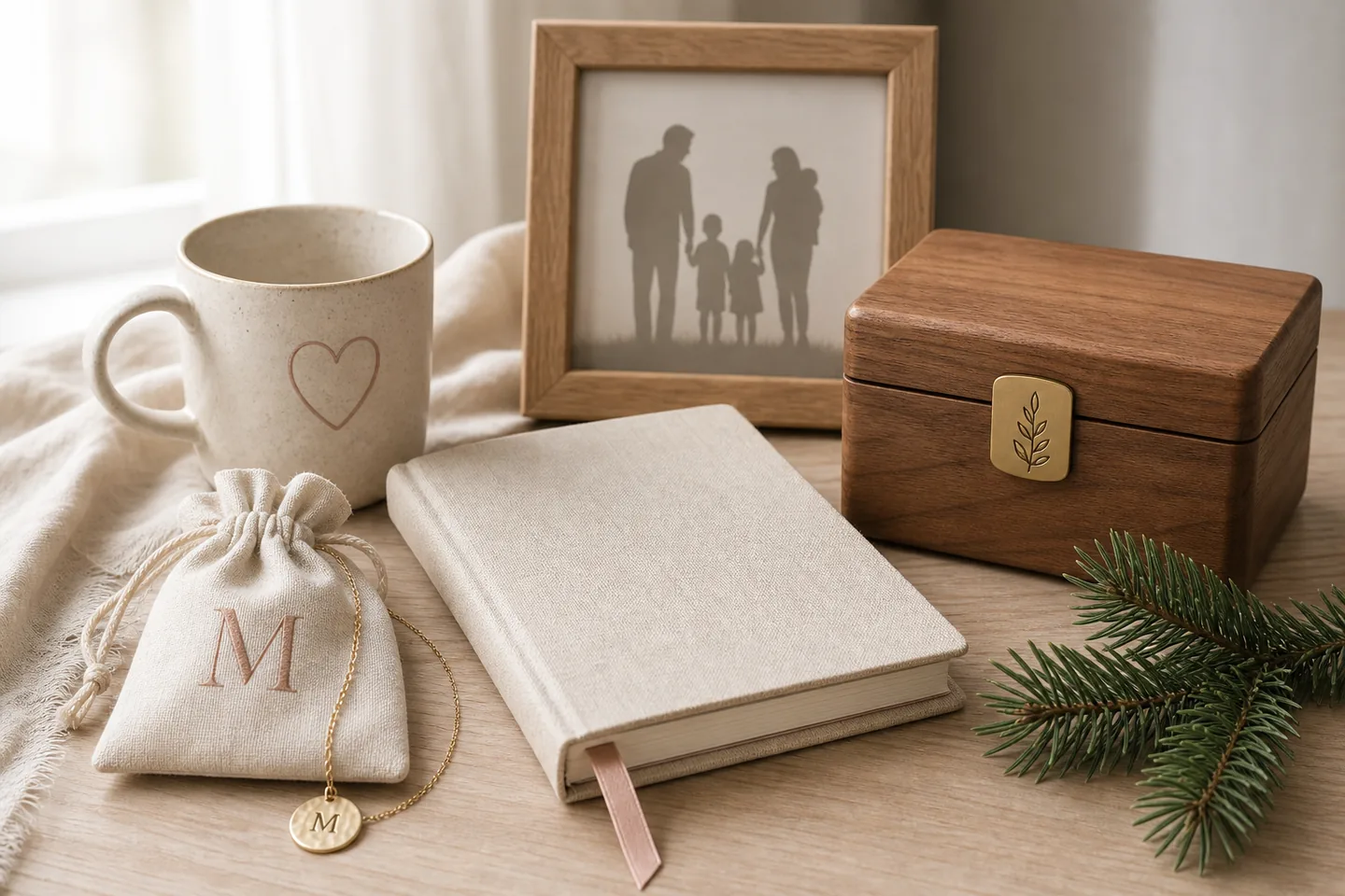 A keepsake box, family silhouette, initial necklace, mug, and linen notebook arranged as gifts for Mom